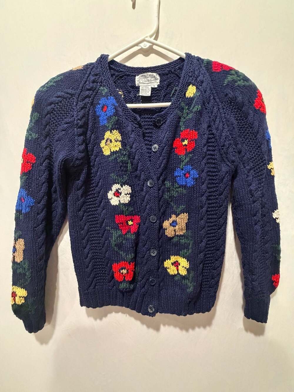 The Villager Navy Blue Floral Embroidered Cable Knit Sweater, Size S